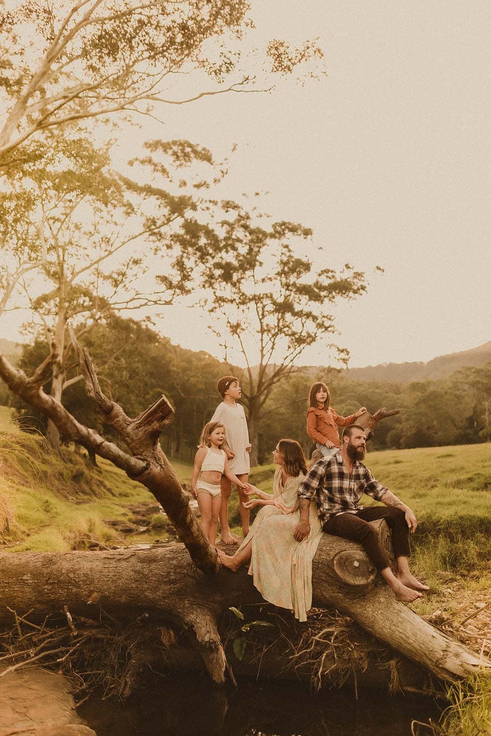 Sydney-family-photographer-family-on-fallen-tree-surrounded-by-green-meadow